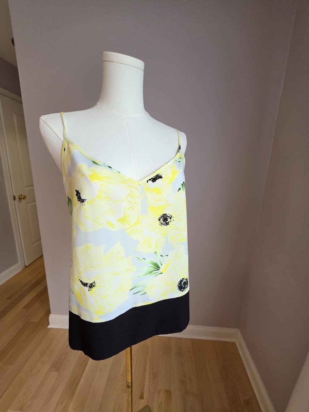 French Connection Yellow Floral Spaghetti Strap Tank with Black Hem
